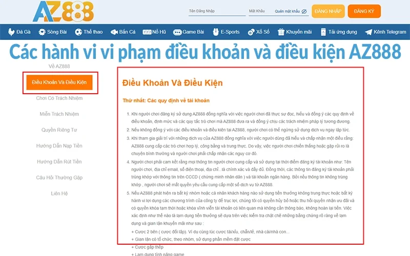 Điều khoản và điều kiện AZ888 - Cơ chế không thể thiếu 2 Các hành vi vi phạm điều khoản và điều kiện AZ888